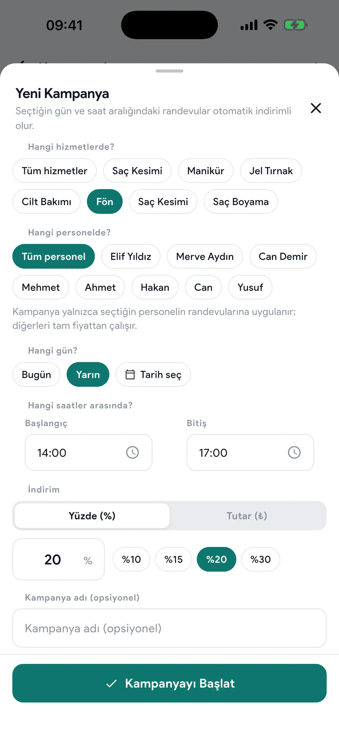 Rezzim Salon kampanya ekranı: gün, saat ve hizmete göre indirim