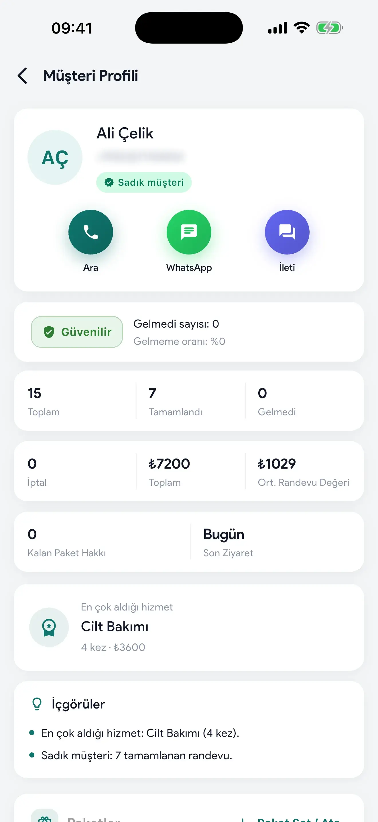Rezzim Salon müşteri kartı: ziyaret geçmişi, harcama ve kalan paket